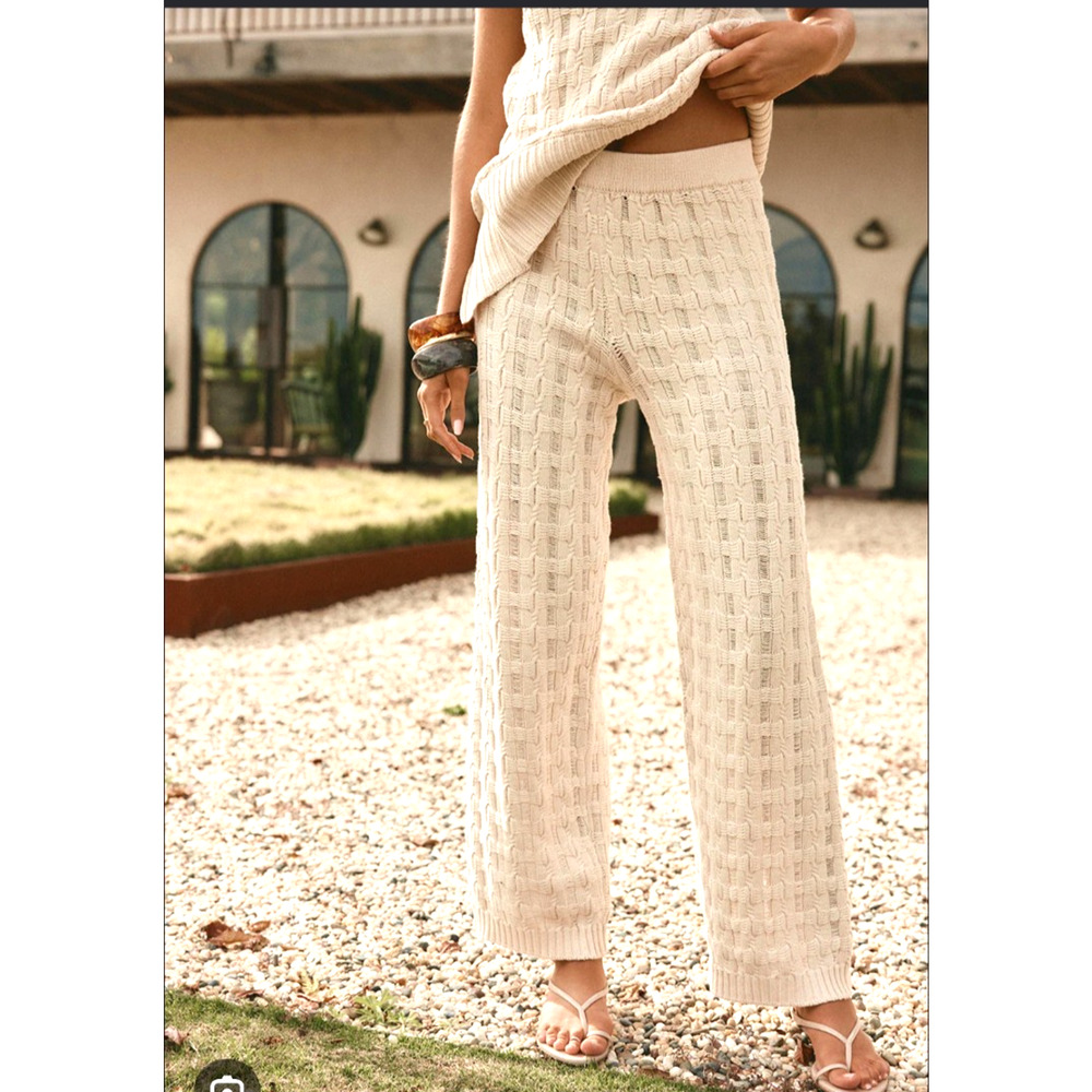 Sabo Womens Small Amirah Pants Crochet Sweater Knit Wide Leg Cream Elastic Waist